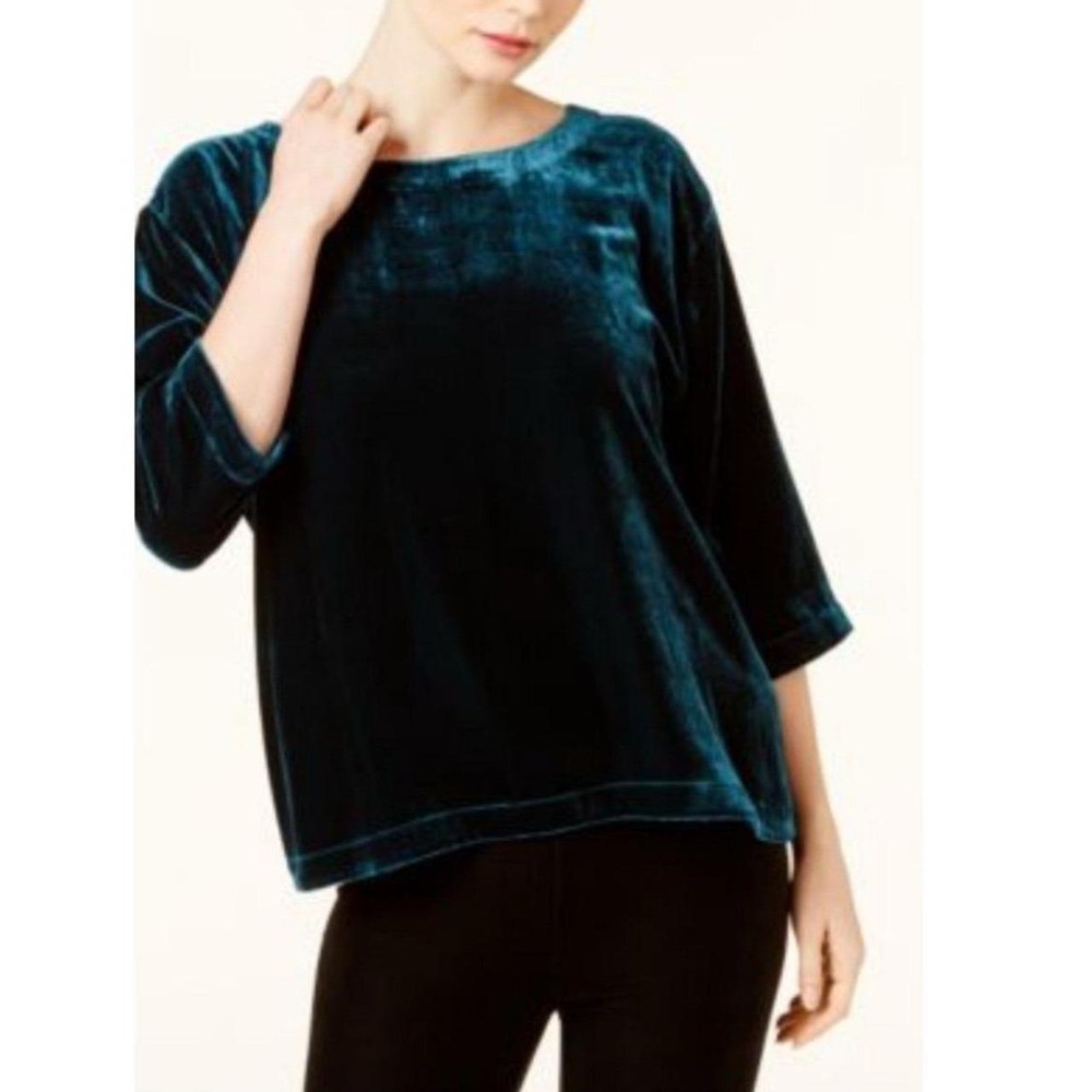 Womens Eileen Fisher Boxy Velvet Dark Green 3/4 Sleeve Oversized Top Shirt